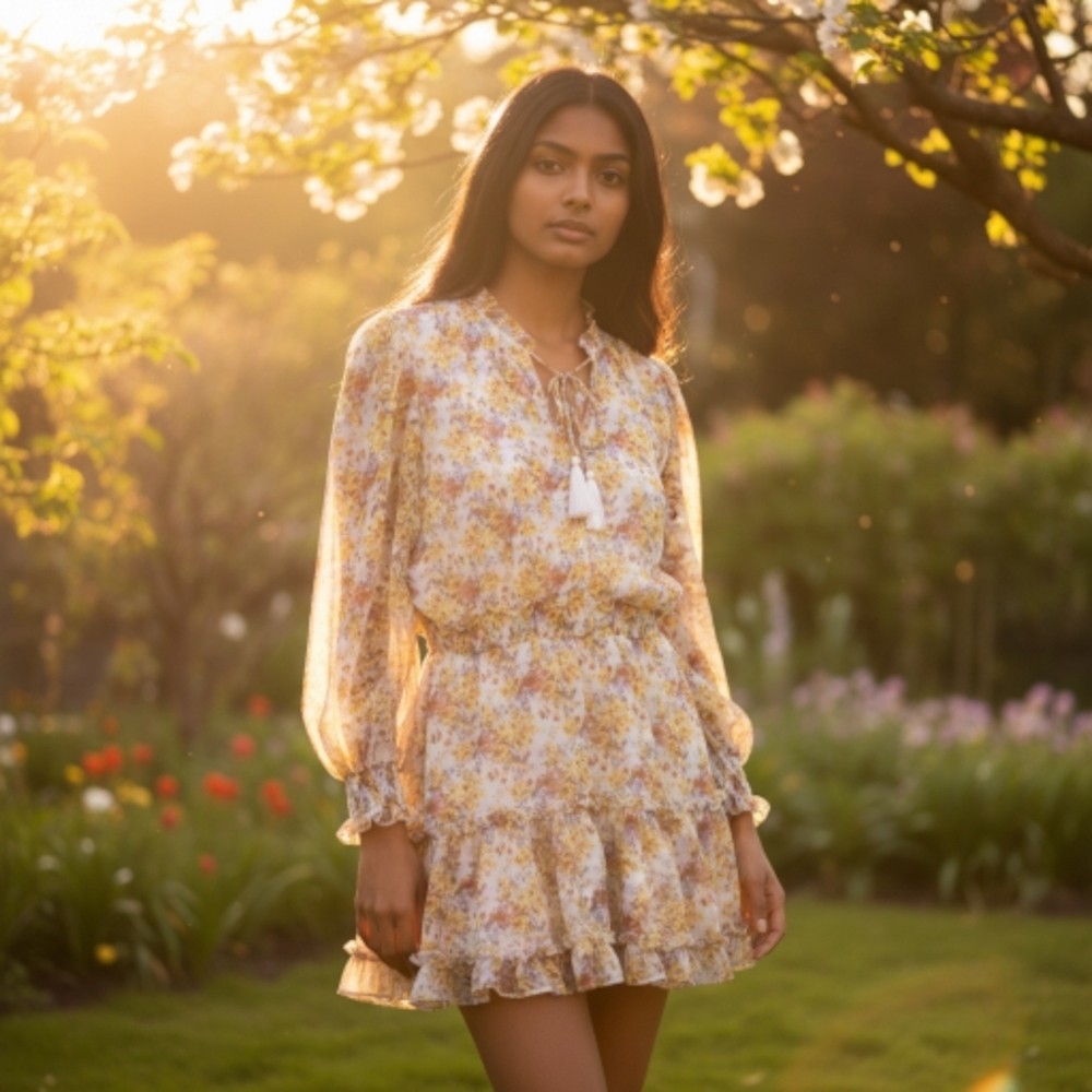 Karlie dress sheer‎ tiered floral spring long sleeve mini S
